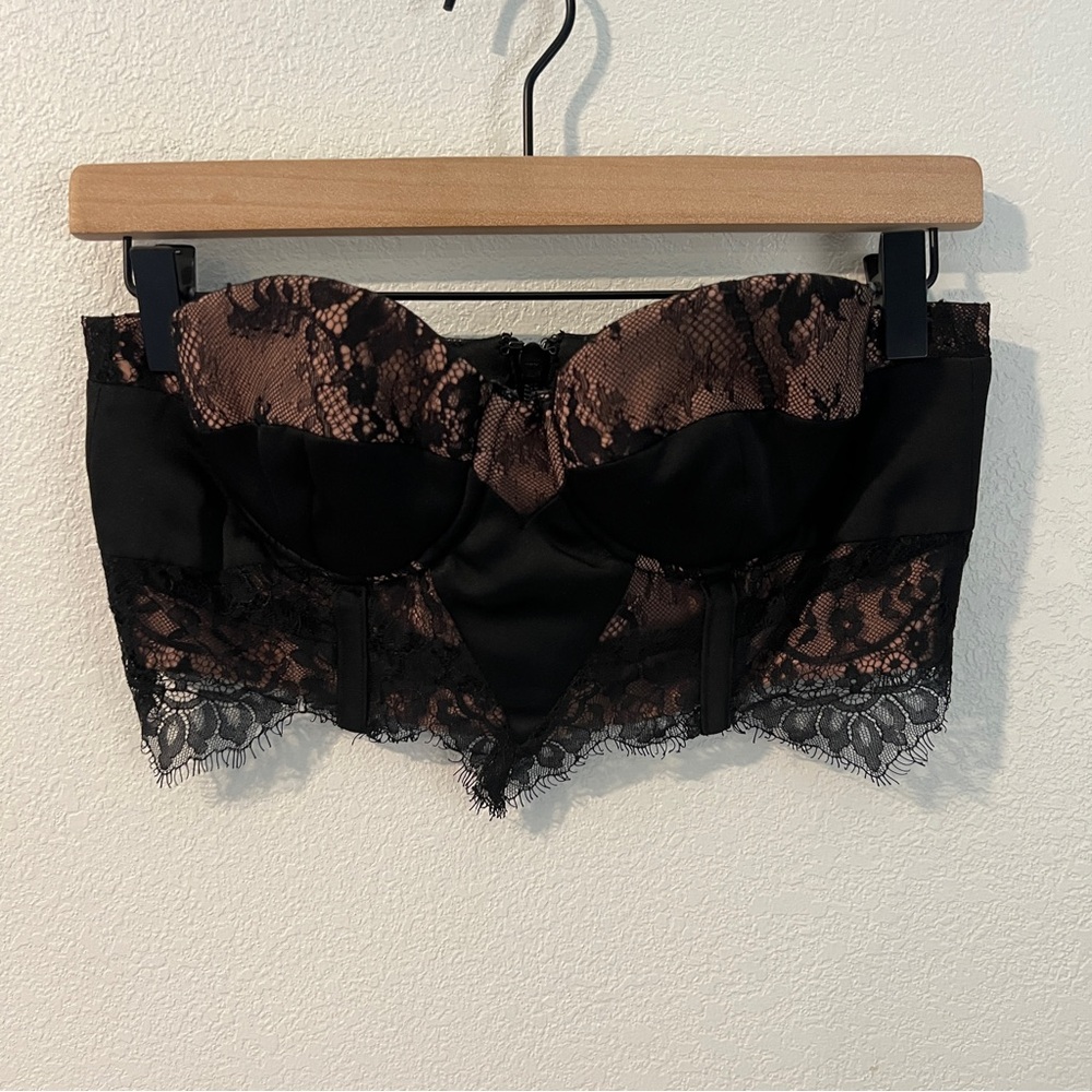 Mistress Rocks LA Black Tan Lace Satin Sleeveless Cropped Bustier Top Size M
